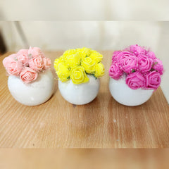 Set of 3 Mini Pots with Foamic Rose Flowers – 3-Inch Ceramic Planters