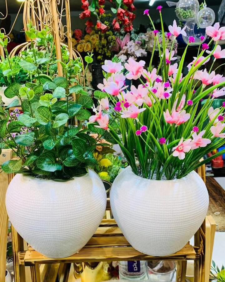 Artificial Flowers with Grass in Large POP White Pot – 18 Inch